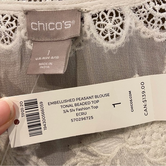 NWT Chico’s Size 1 (8/10) Embellished Peasant Blouse Top Beaded Ivory Sheer - Picture 6 of 11